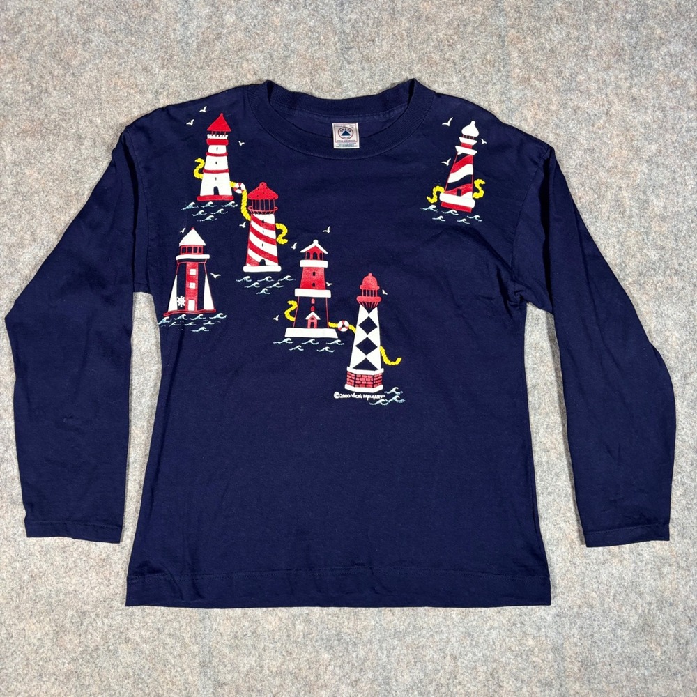 VTG Y2K Light‎ House AOP 2000 Sz M Long Sleeve Shirt Vicky Melhart Vintage Maine